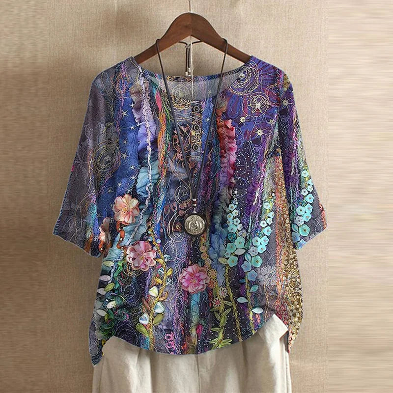 Kvinnors Retroinspirerad Blus Med Blommönster 8