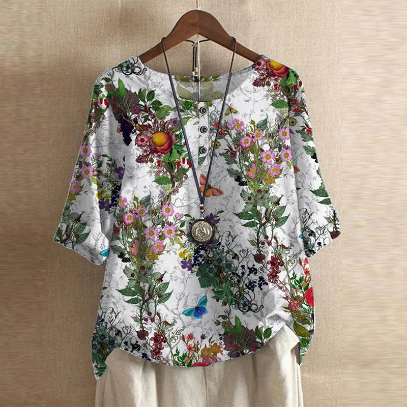 Kvinnors Retroinspirerad Blus Med Blommönster 9