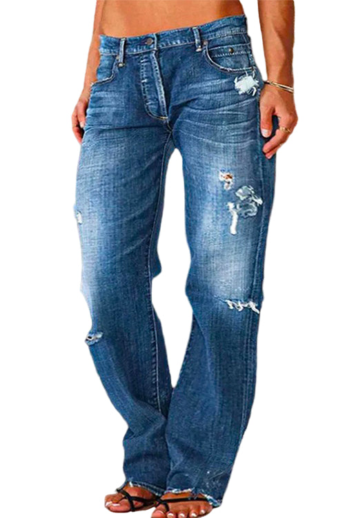 Kvinnors Rippade Jeans med Knapp och Fickor 0