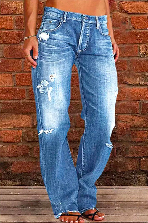 Kvinnors Rippade Jeans med Knapp och Fickor 1