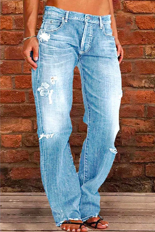 Kvinnors Rippade Jeans med Knapp och Fickor 2