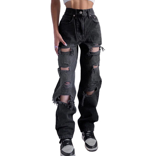 Kvinnors Rippade Jeans med Rå Fåll 0