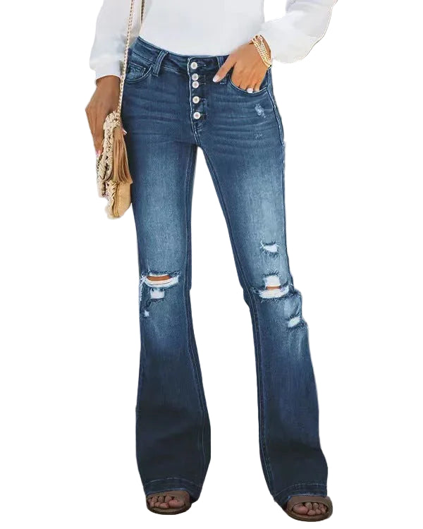 Kvinnors Rippade Låga Jeans med Knappstängning 0