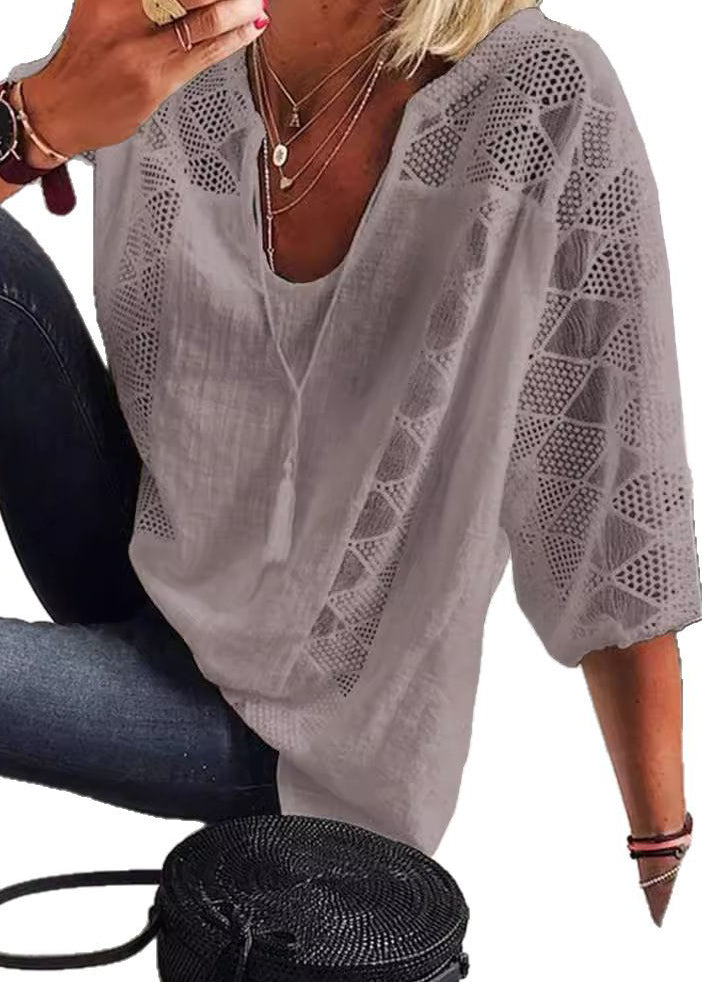 Kvinnors Sommarblus U-hals Patchwork 4