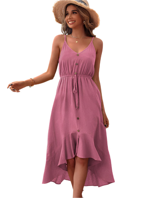 Kvinnors Spaghetti Strap Klänning i Bomull och Linne 0