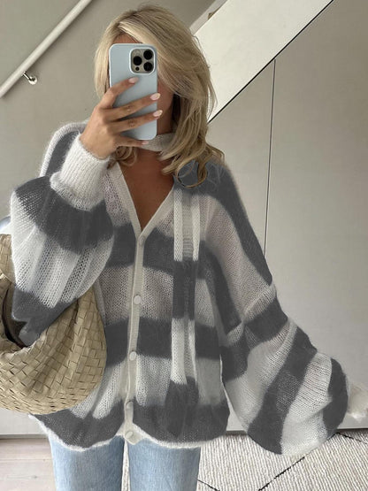 Kvinnors Stickad Kofta med Randigt Mönster 5