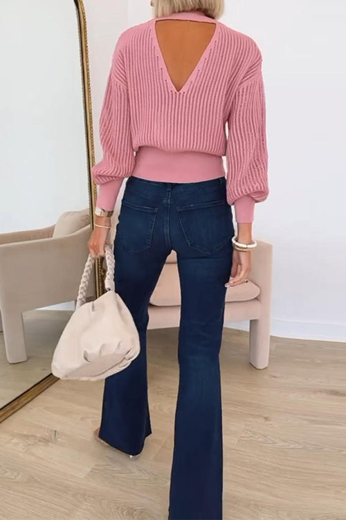 Kvinnors Stickad Stil Tröja med Utskärning Bak 2