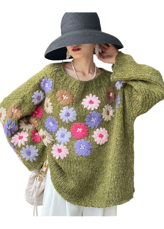 Kvinnors Stickad Tröja med Broderade Blommor 0