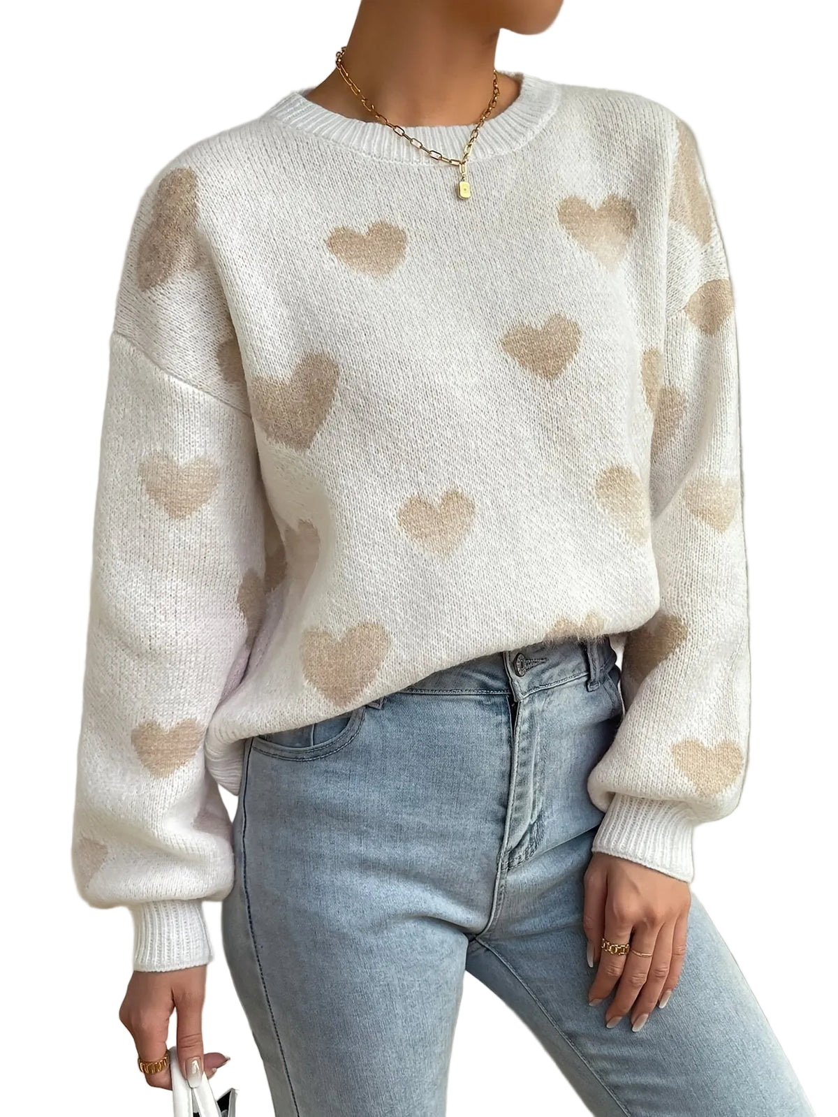 Kvinnors Stickad Tröja med Hjärtdesign Charmig och Bekväm 2