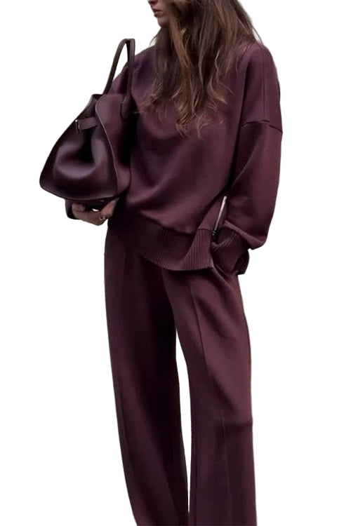 Kvinnors Sweatshirt Set med Höghals och Breda Byxor 0