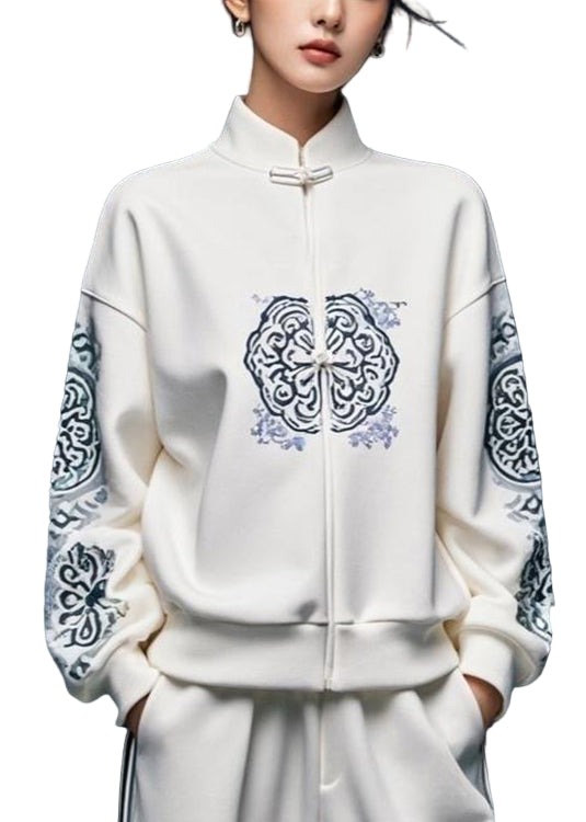 Kvinnors Sweatshirt med Stativkrage och Vitt Tryck 0