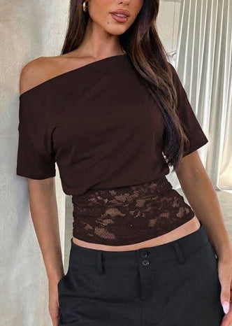 Kvinnors Tanktop Hög Krage Patchwork med Spetsdetaljer 2