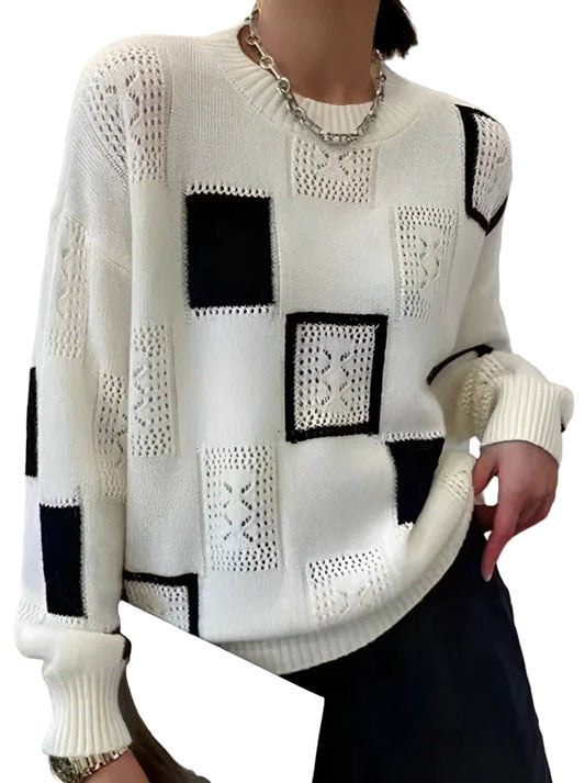 Kvinnors Tröja Retro Patchwork Rund Hals 0