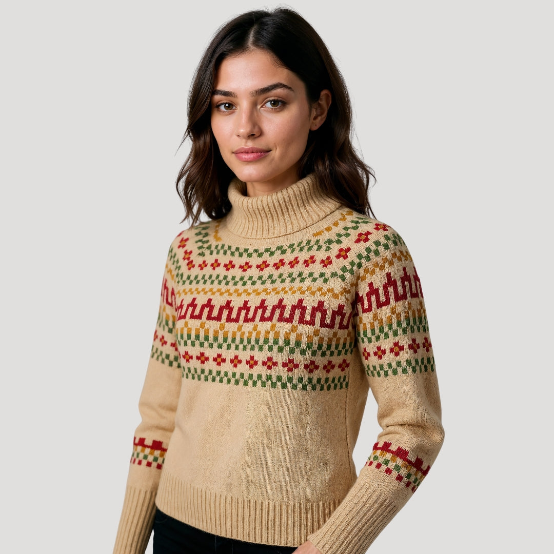 Kvinnors Turtleneck Stickad Tröja Mönstrad 3