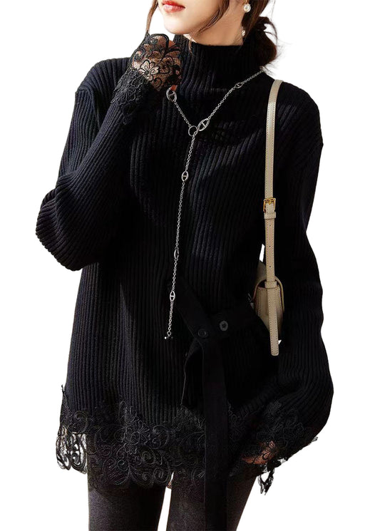 Kvinnors Turtleneck Tröja med Spetsdetaljer 1