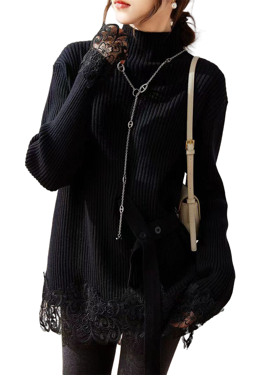 Kvinnors Turtleneck Tröja med Spetsdetaljer 1