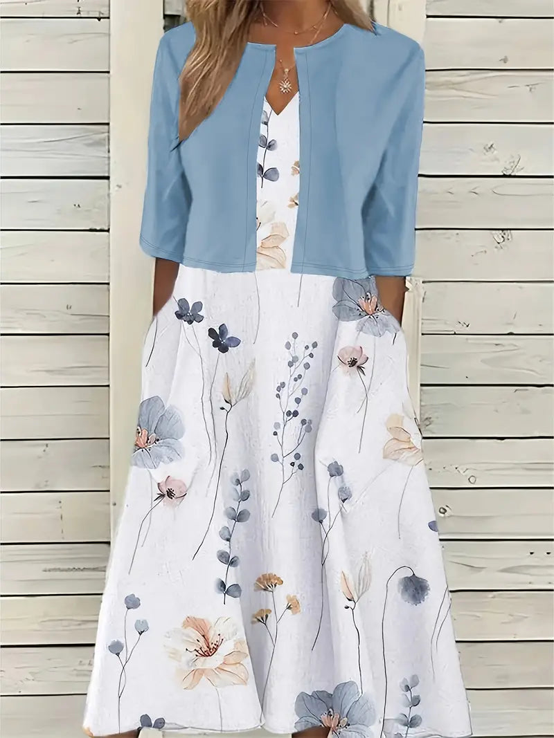 Kvinnors Tvådelad Klänning med Crop Top och Blommönster 0