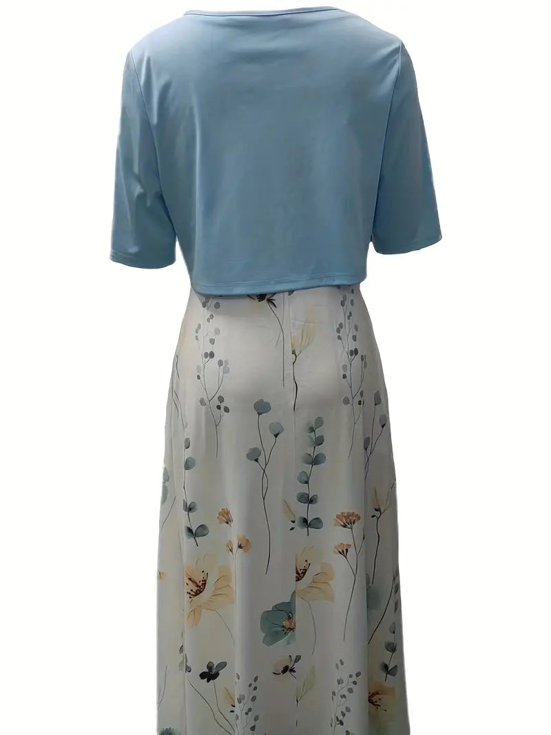 Kvinnors Tvådelad Klänning med Crop Top och Blommönster 1