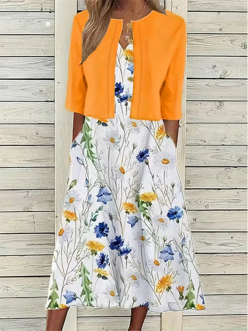 Kvinnors Tvådelad Klänning med Crop Top och Blommönster 11