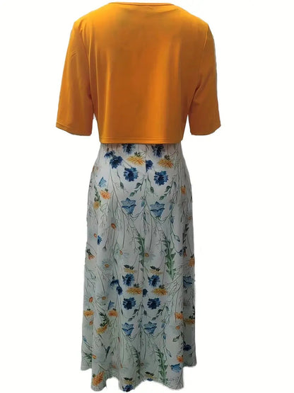 Kvinnors Tvådelad Klänning med Crop Top och Blommönster 5
