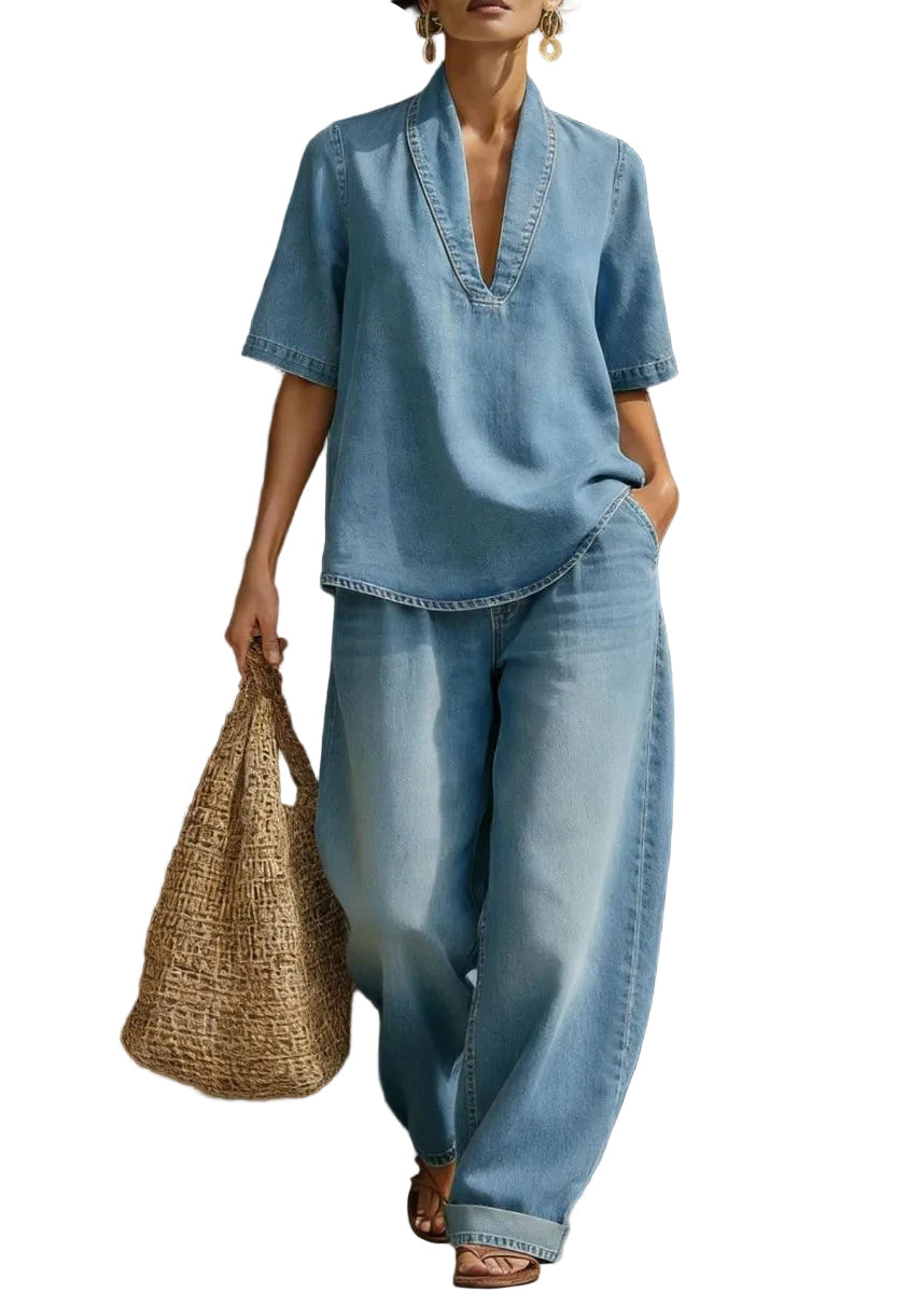 Kvinnors Tvådelad Set med V-hals och Jeans 0