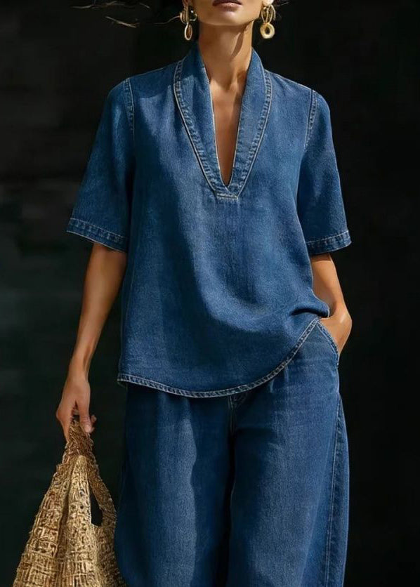 Kvinnors Tvådelad Set med V-hals och Jeans 4