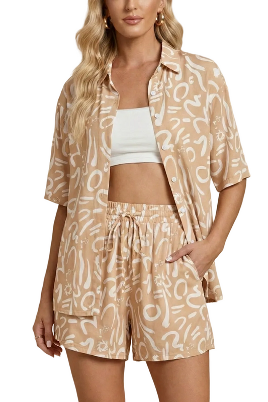 Kvinnors Tvådelat Set med Kortärmad Skjorta och Shorts 0
