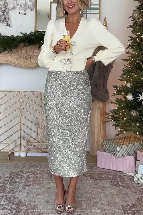 Kvinnors V-hals Tröja med Rosett Detalj 3