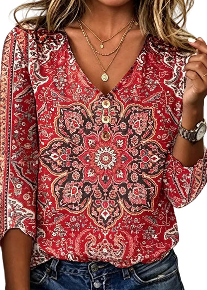 Kvinnors V-ringad Blus Bohemisk Stil 0