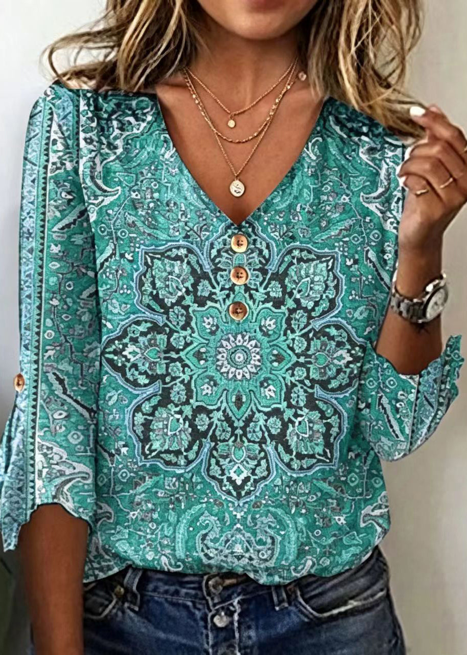 Kvinnors V-ringad Blus Bohemisk Stil 4