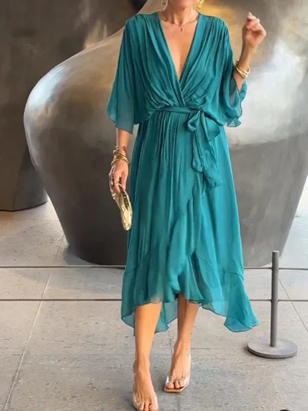 Kvinnors V-ringad Klänning Flödande Stil 4