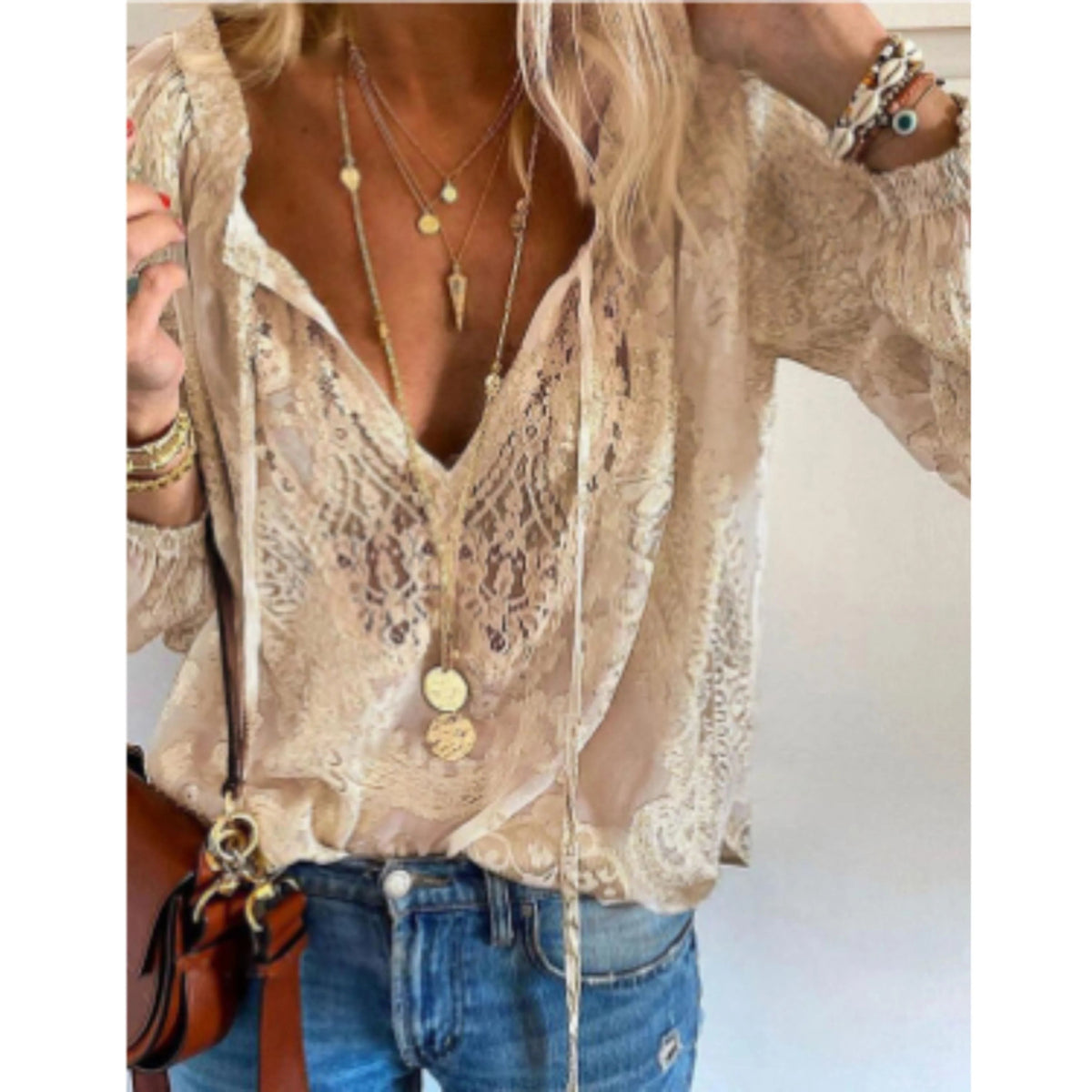 Kvinnors Vintage Blus med Långa Ärmar 0