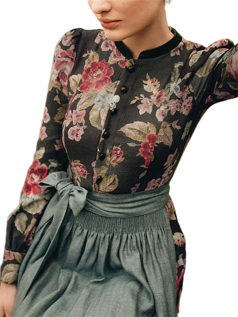 Kvinnors Vintage Dirndlklänning Blommönster med Schürze 0