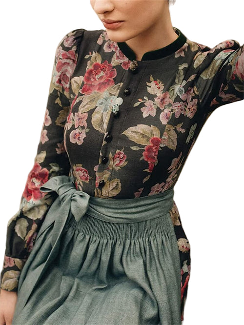 Kvinnors Vintage Dirndlklänning Blommönster med Schürze 0