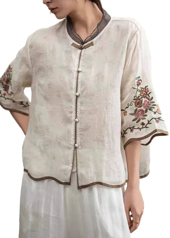 Kvinnors Vintage Kinesisk Blus med Broderi Halvärmad 0