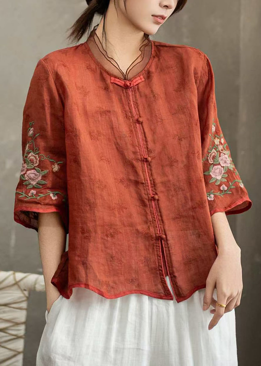 Kvinnors Vintage Kinesisk Blus med Broderi Halvärmad 1