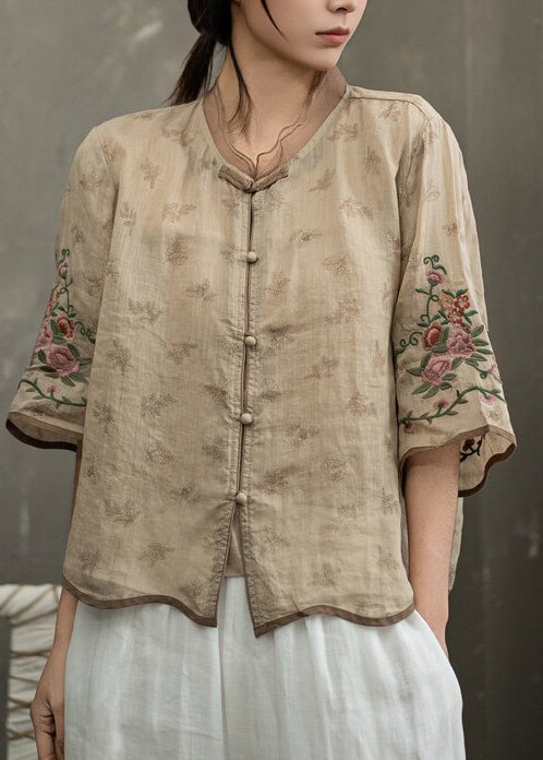 Kvinnors Vintage Kinesisk Blus med Broderi Halvärmad 2