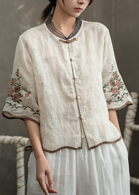 Kvinnors Vintage Kinesisk Blus med Broderi Halvärmad 4
