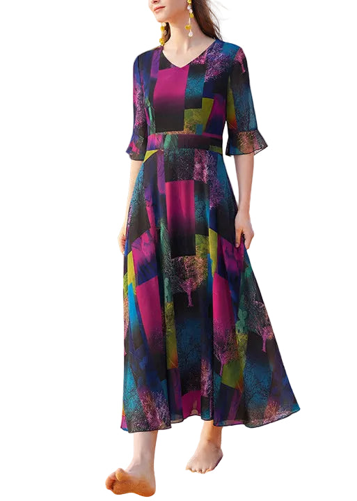 Lindex Dam Klänning Lång V-ringad Patchwork Sommarmodell 0