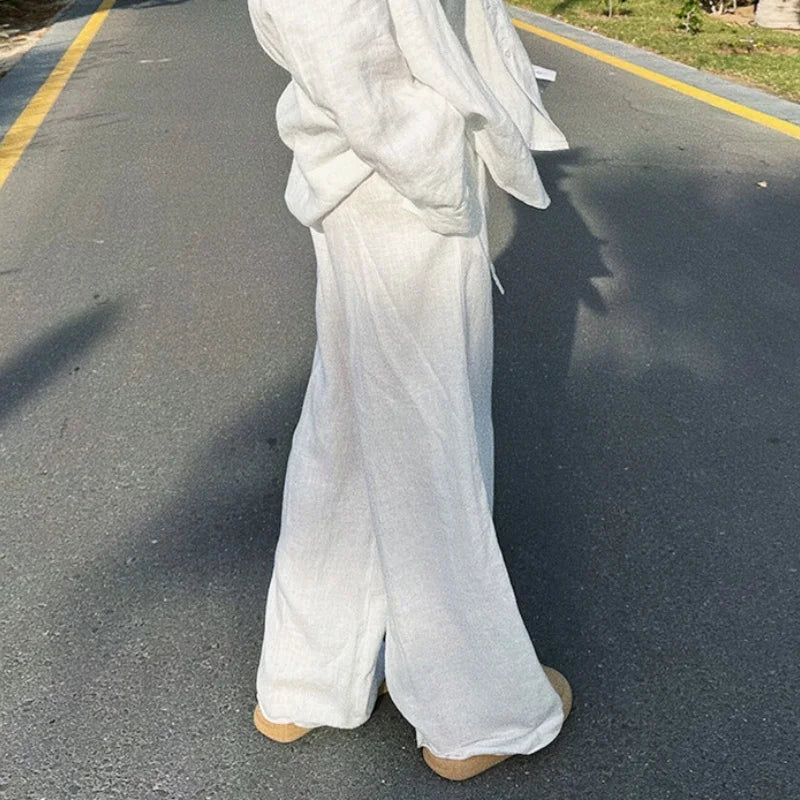Linnebyxor Dam Hög Midja Baggy Lätt Material 2