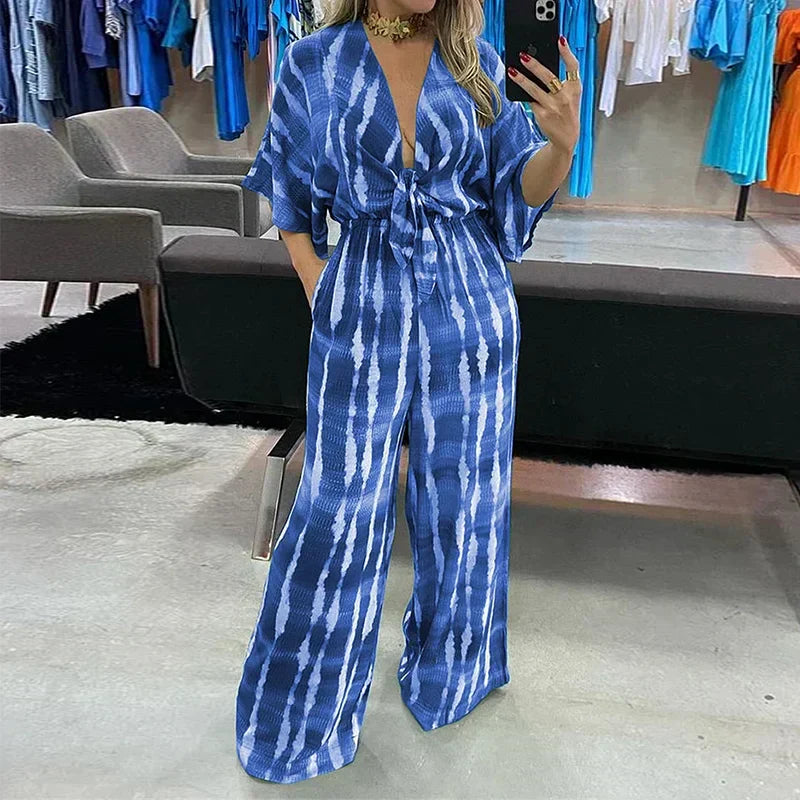 Dam Jumpsuit Djup V-ringning Flytande Silhuett-1