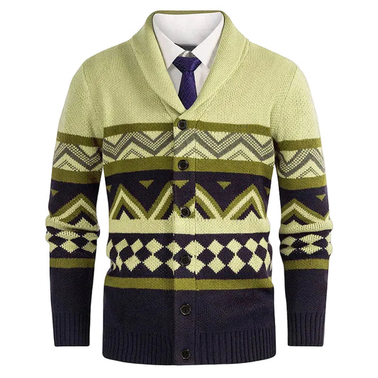 Mäns Cardigan Geometriskt Mönster Med Sjalkrage 0