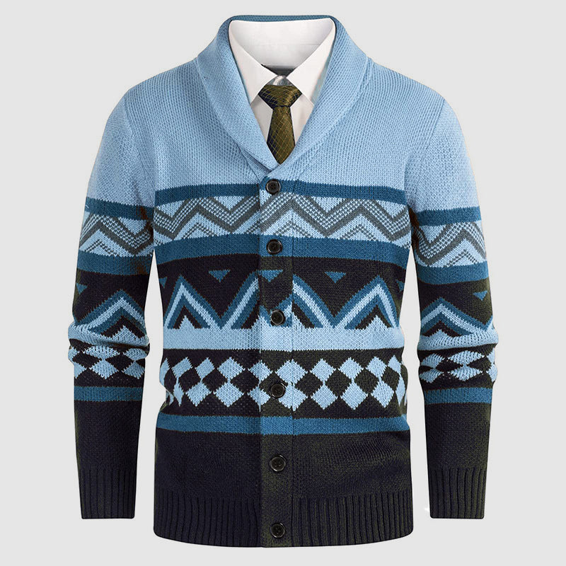 Mäns Cardigan Geometriskt Mönster Med Sjalkrage 2