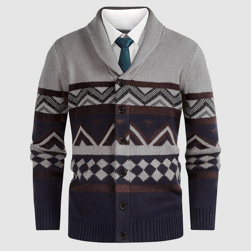 Mäns Cardigan Geometriskt Mönster Med Sjalkrage 3