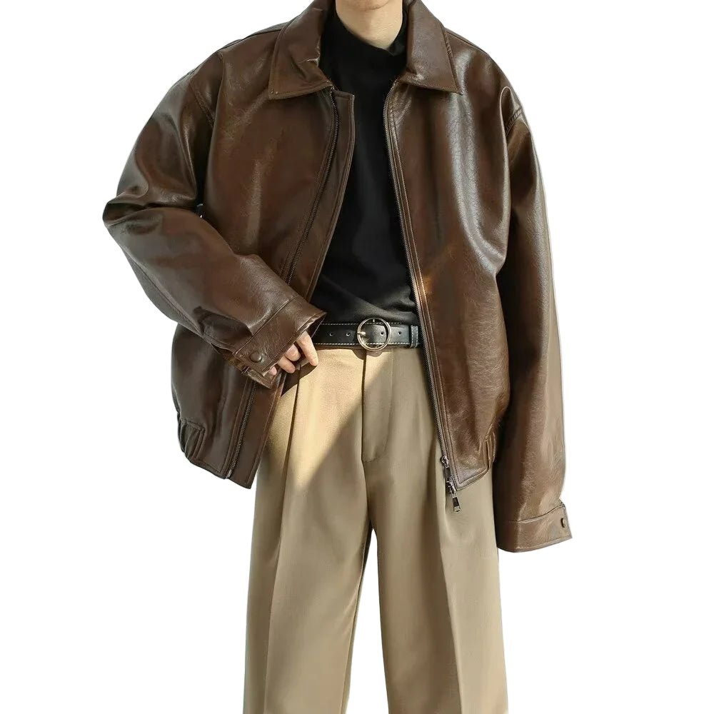 Mäns Cropped Läderjacka Oversized 0