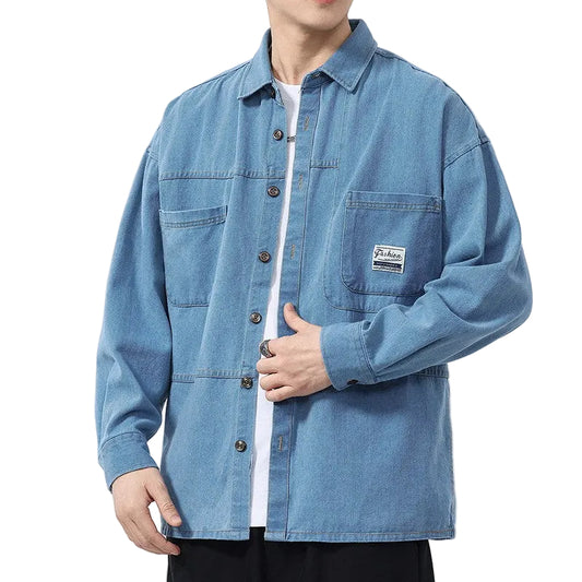 Mäns Jeansskjorta Överdimensionerad Stil 0
