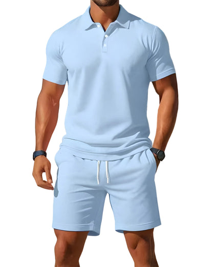 Mäns Kortärmad Pikétröja och Shorts Set Casual 0