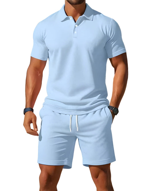 Mäns Kortärmad Pikétröja och Shorts Set Casual 0