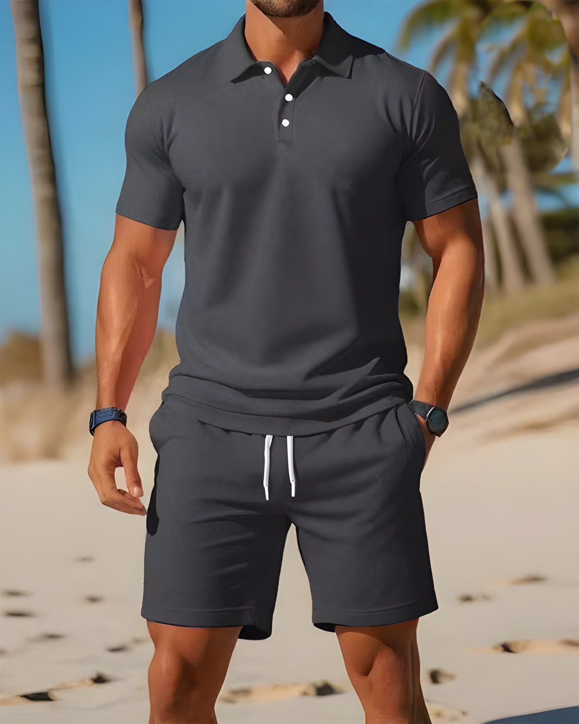 Mäns Kortärmad Pikétröja och Shorts Set Casual 2
