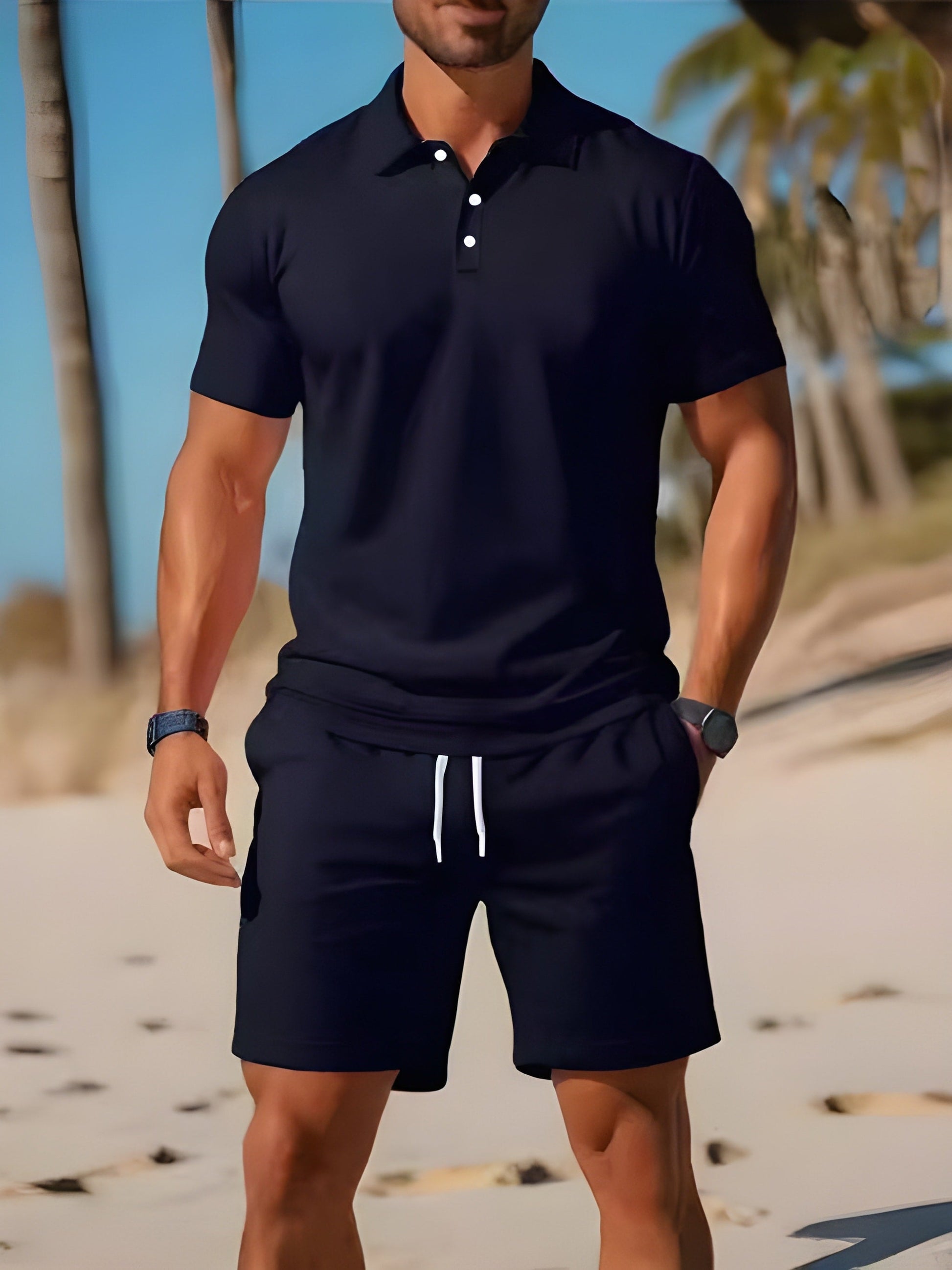 Mäns Kortärmad Pikétröja och Shorts Set Casual 3